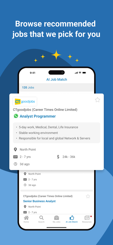 A mobile interface for the CTgoodjobs app showing AI recommended job listings including an Analyst Programmer position in Hong Kong.