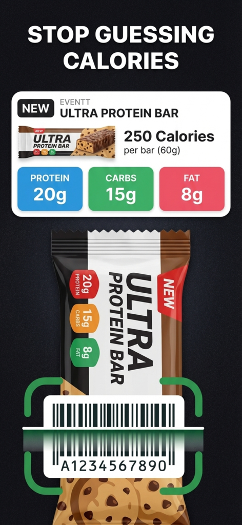 Caloryx: AI Calorie Tracker - Caloryx app barcode scanner identifying a protein bar with instant calorie and macro nutrition data.