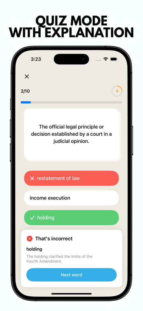 JurisNova: Legal Dictionary - Screenshot of the JurisNova legal quiz feature showing a question about judicial principles with multiple choice answers and an explanation box.