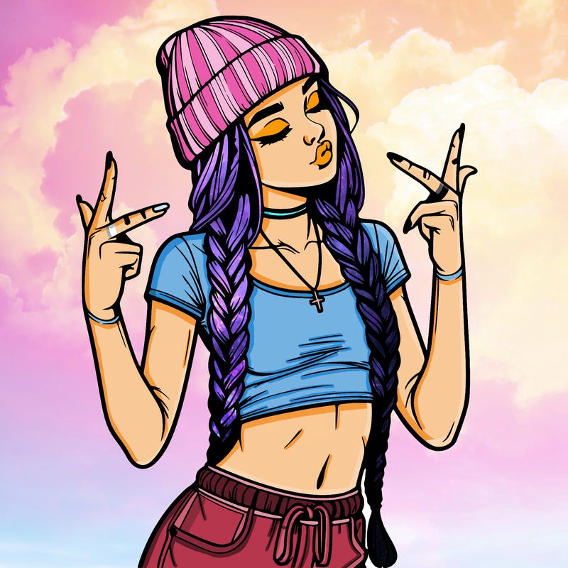 realistic teenage girl with braids and a beanie and crop top doing 🫶🏼