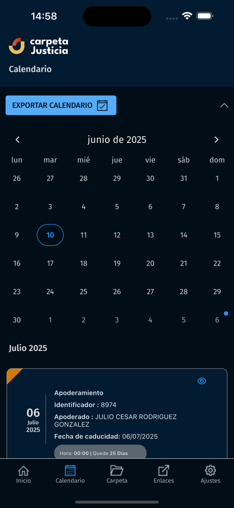 Carpeta Justicia - Calendar view of the Carpeta Justicia app showing scheduled judicial appointments and legal status updates