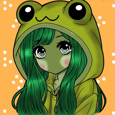 a pretty girl wearing a frog hoodie portrait with long hair