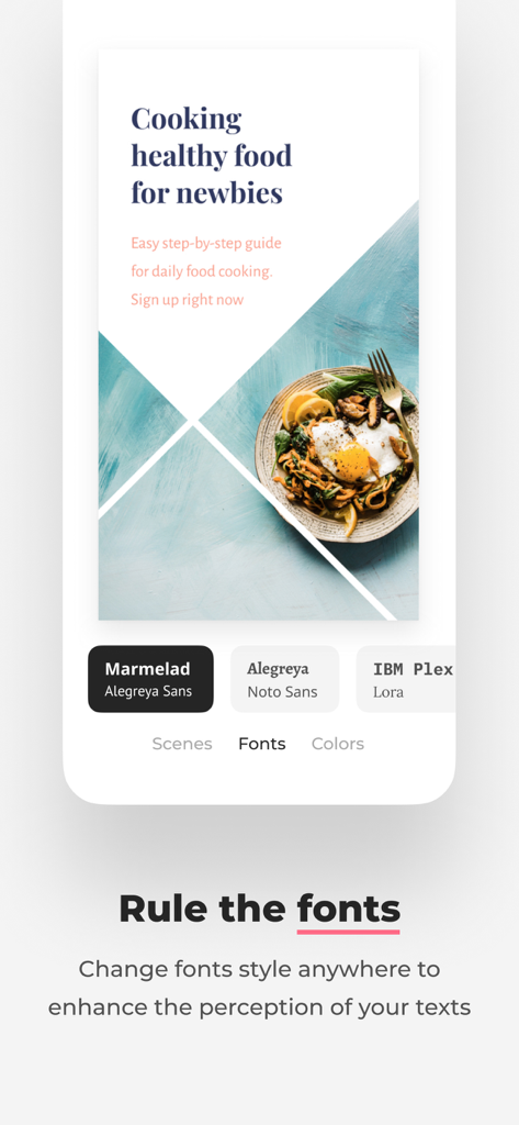 Interface de l'application Smoozly montrant la sélection de paires de polices pour un modèle de story sur les réseaux sociaux de cuisine saine