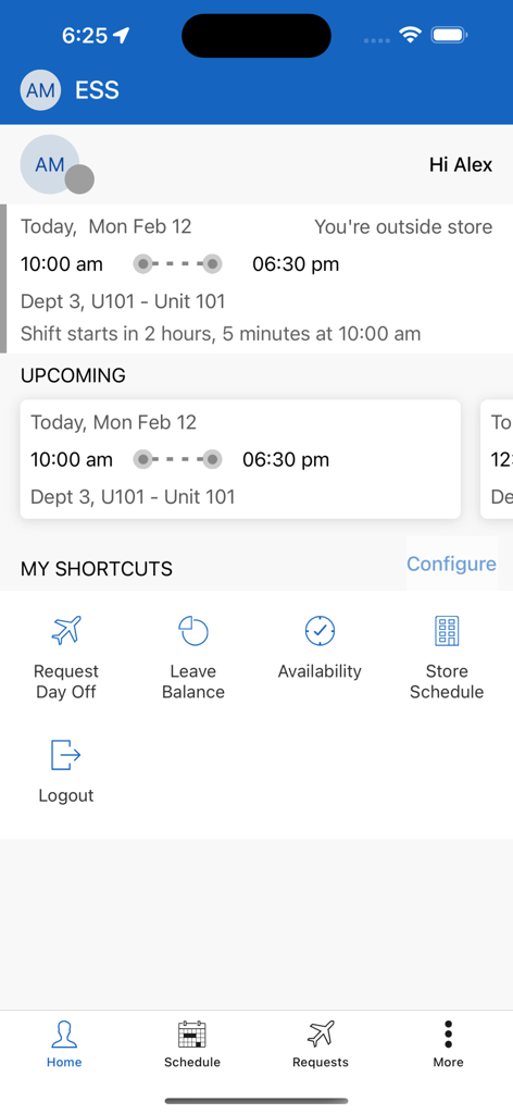 ESS 45 Zebra - Home dashboard of the ESS 45 Zebra app showing a workers upcoming shift schedule and quick shortcuts for requesting time off and checking availability