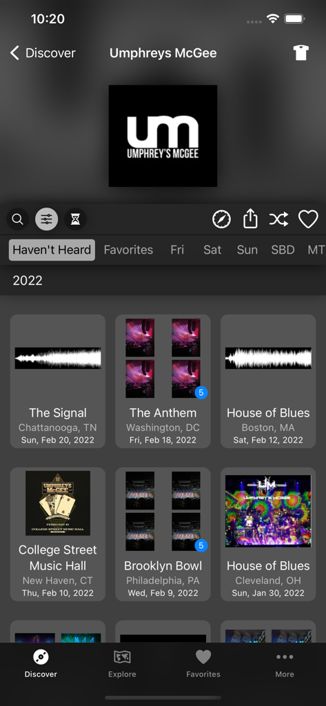 Live Music Archive - A list of Umphrey's McGee live show recordings from 2022 on the Live Music Archive app mobile interface.