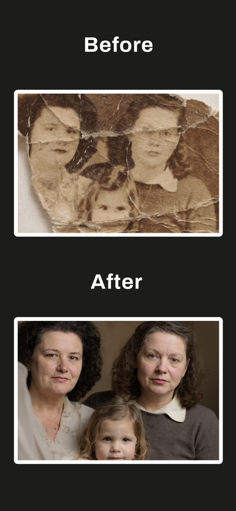 Comparación del antes y el después de una foto antigua dañada, restaurada y coloreada usando IA.