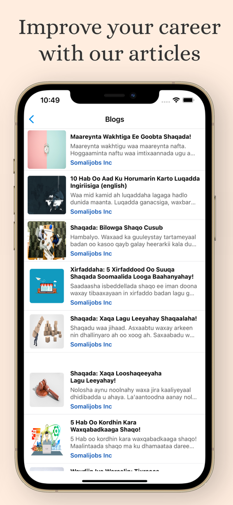 Section blog de l'application Emplois Somaliens affichant une liste d'articles de conseils de carrière en langue somalienne