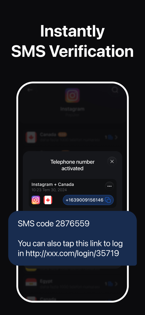 SMSVerify - Virtual SMS Number - SMSVerify app interface showing a virtual Canadian phone number and an SMS verification code for Instagram