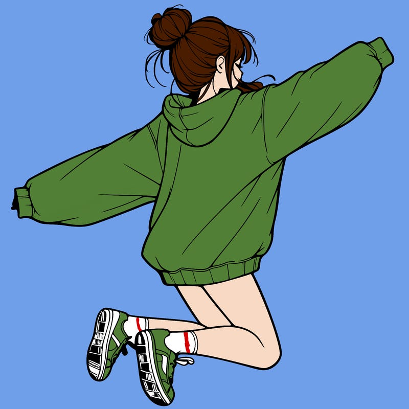 realistic girl jumping with a bun and oversized sweatshirt