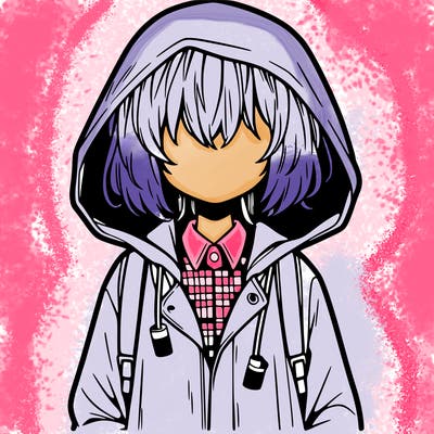 little anime girl in a raincoat her hair is covering her eyes she has a lighter