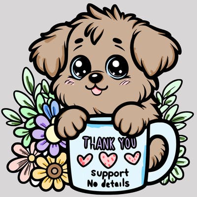 a really cute puppy holding a thank you for support mug with flowers everywhere