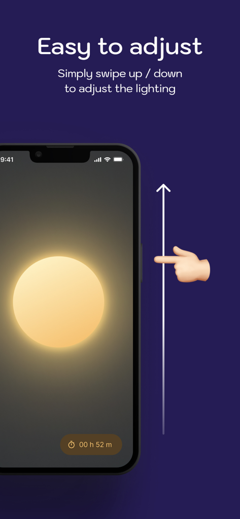 Nighty Lighty: Dim Flashlight - A smartphone interface showing a warm glowing light and a hand gesture illustration for adjusting brightness in the Nighty Lighty app.