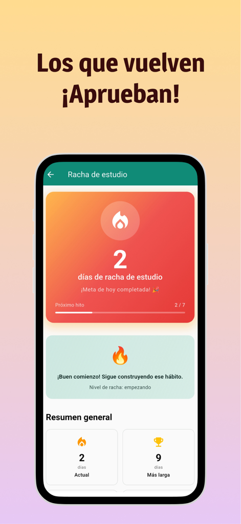Pantalla móvil mostrando seguimiento de racha de estudio con objetivo de dos días completado y hitos de progreso para la preparación del examen médico.