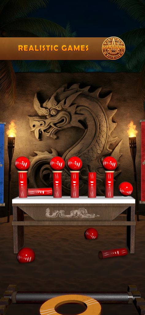 Survivor Duel gameplay showing red targets on pillars in a tribal setting