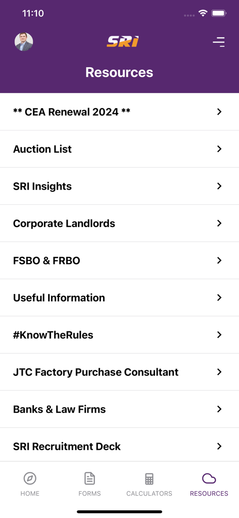 Resources menu in the One Point app for real estate professionals