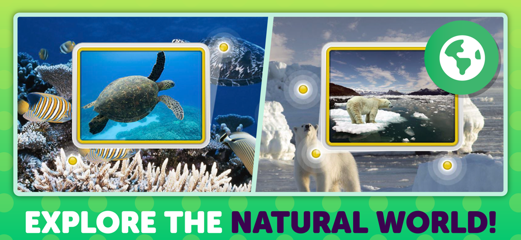 Captura de pantalla de la aplicación PlayKids que muestra escenas interactivas de la naturaleza con una tortuga marina y un oso polar bajo el texto Explora el Mundo Natural