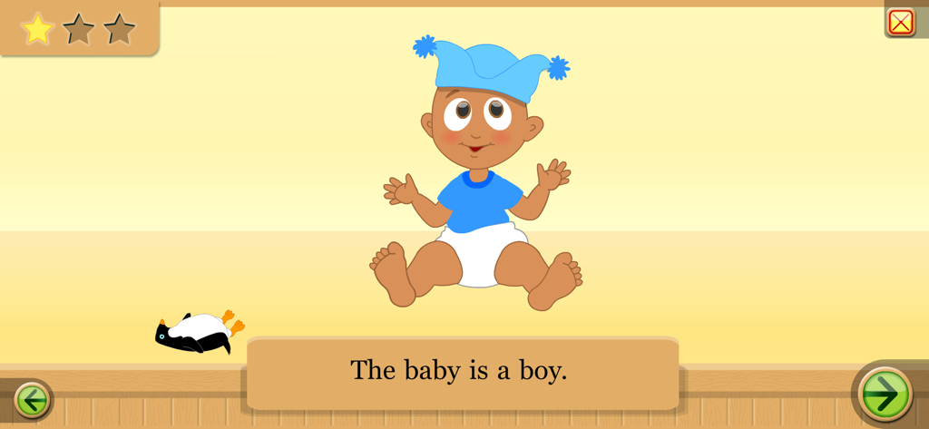 아기 소년 그림과 '아기는 남자아이입니다.'라는 문장이 표시된 독해 화면.