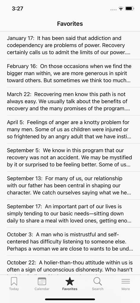 Touchstones - Touchstones app favorites screen showing a list of saved daily meditations for men