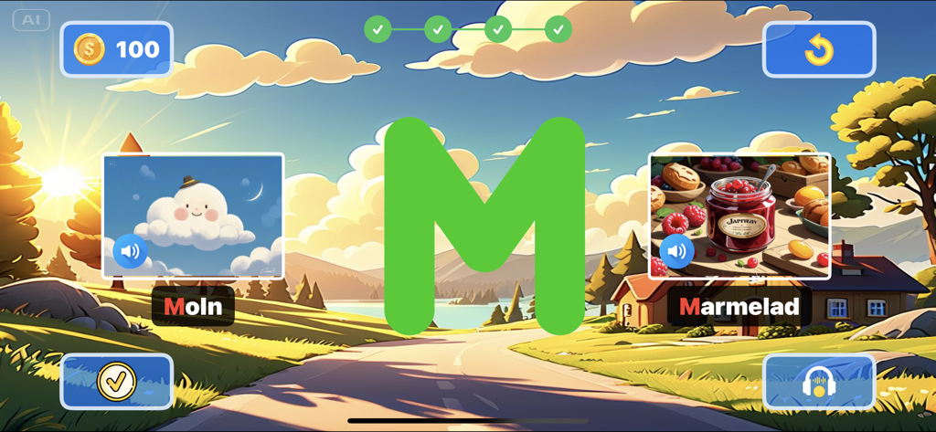 Swedish Letter Tracing - Pantalla de aplicación educativa que muestra la letra M con las palabras suecas Moln y Marmelad