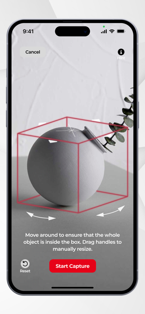 ARLOOPA 3D Object Scanner - Interface do aplicativo ARLOOPA para escanear um objeto 3D com uma caixa delimitadora vermelha e botão de iniciar captura.