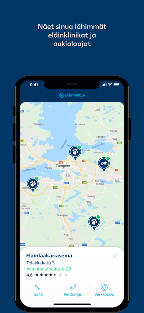 Mobile app interface showing a map of nearby veterinary clinics with opening hours and ratings.