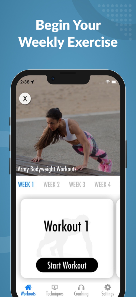 Boot Camp Workouts & Trainings - Mobile app interface for Boot Camp Workouts showing an army bodyweight exercise plan