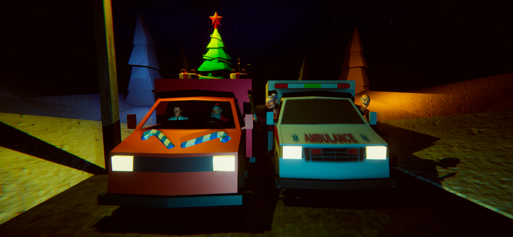 Grandpa and Granny 3: Hospital - Granny and Grandpa characters looking out of an ambulance next to a Christmas themed truck at night