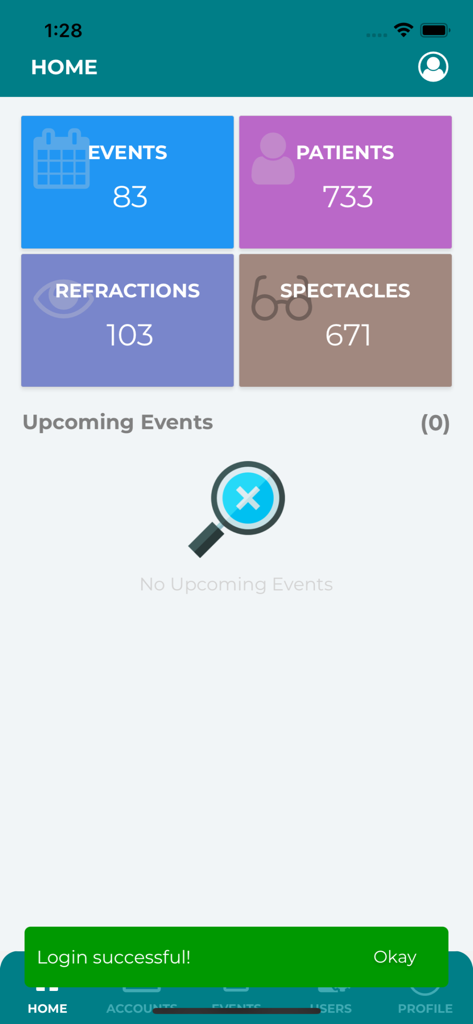 Vision Screening Events App - Painel inicial do Aplicativo de Eventos de Triagem de Visão mostrando métricas de pacientes e óculos.