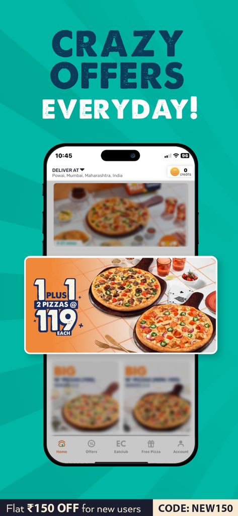 Écran promotionnel de l'application MOJO Pizza montrant des réductions quotidiennes et une offre une pizza achetée, une offerte