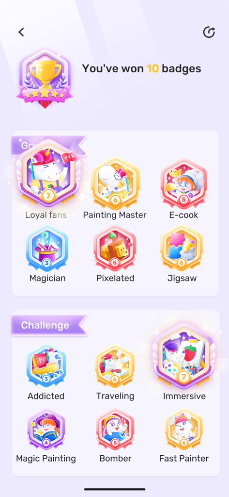 No.Pix - Color by Number - A screen in the No.Pix app displaying various earned achievement badges categorized by growth and challenge.