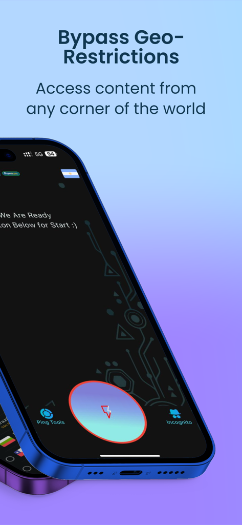 Thunder Pro: Faster VPN - Interface de l'application VPN mobile Thunder Pro mettant en évidence le contournement des restrictions géographiques pour l'accès au contenu mondial