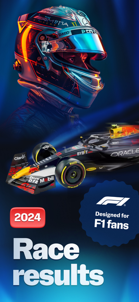 Race Widgets for F1 - F1 race results display with a racing car and driver helmet design