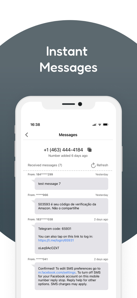 Receive SMS Online 2nd Number - Interface of Receive SMS Online app showing a list of verification codes received on a virtual US phone number.