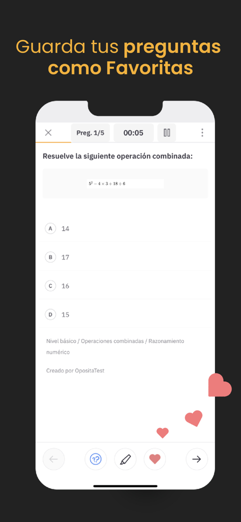 Interfaz de la aplicación OpositaTest que muestra una pregunta de test de razonamiento numérico y la opción de guardarla en favoritos