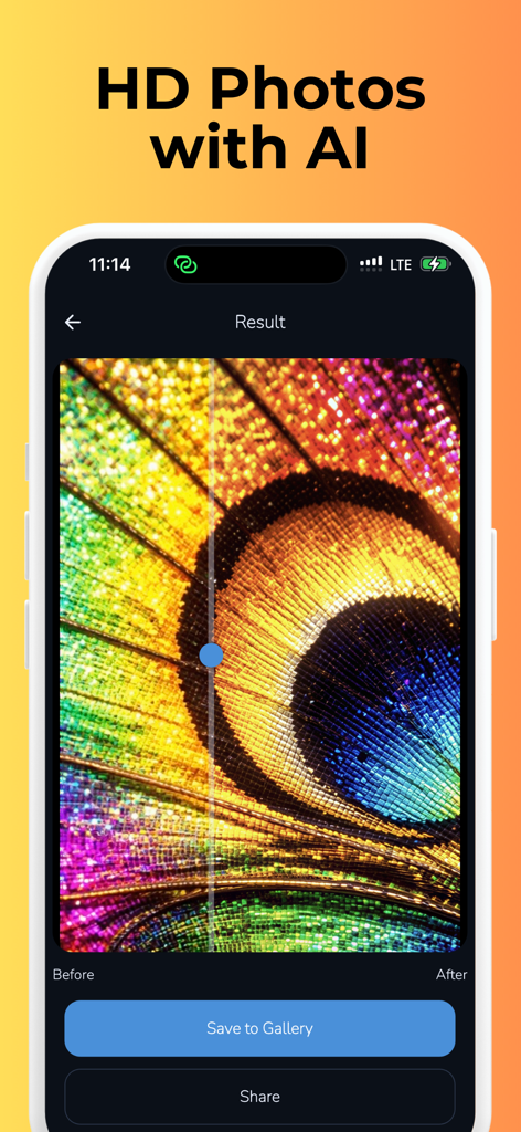 Sharpen - AI Photo Enhancer - Uma comparação antes e depois mostrando os resultados do aprimoramento de fotos por IA em uma pena de pavão colorida