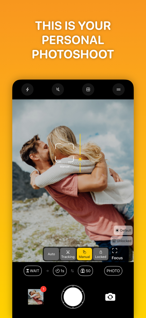 Lens Buddy App-Kamera-Oberfläche zeigt ein persönliches Fotoshooting mit manuellen Fokus- und Intervall-Timer-Einstellungen
