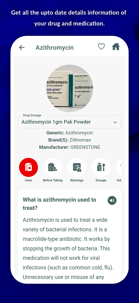 Detailed drug information screen for Azithromycin in the Pill Identifier Pro app showing medication usage and dosage
