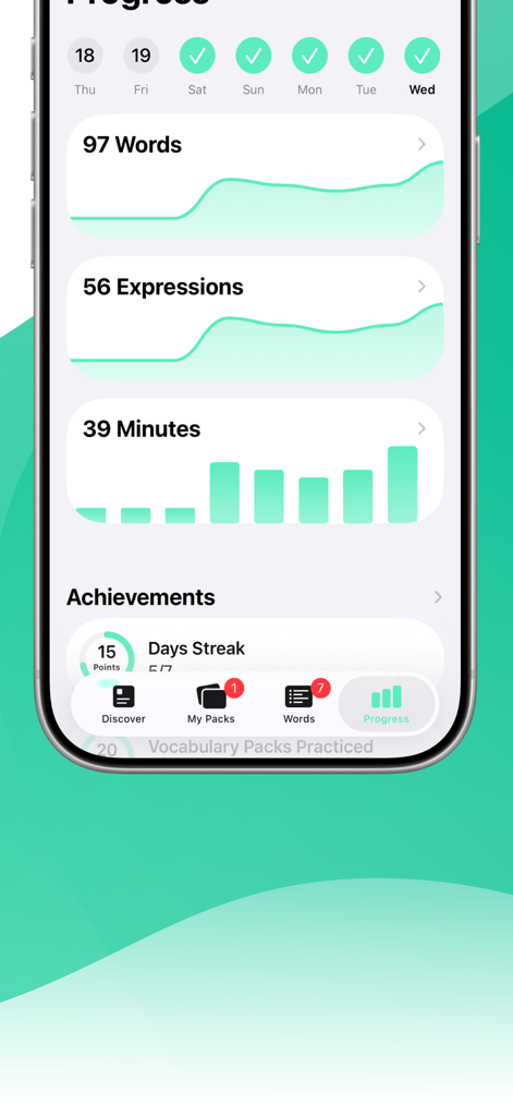 LENGOアプリの進捗ダッシュボード。学習したフィンランド語の単語数と学習時間を表示