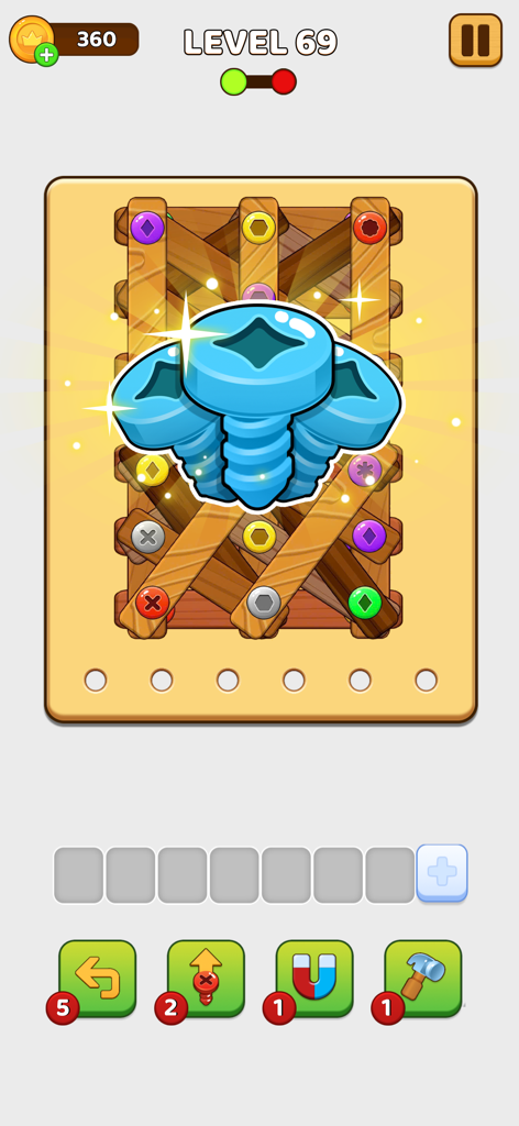 Capture d'écran du jeu Screw Color montrant un niveau de puzzle avec des vis colorées et des planches en bois