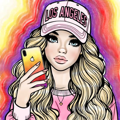 realistic beautiful girl wearing los ángeles cap holding an iphone