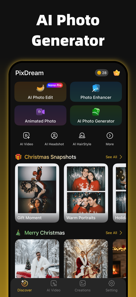 Interface of PixDream AI Photo Generator app showing festive Christmas themed photo templates and editing tools
