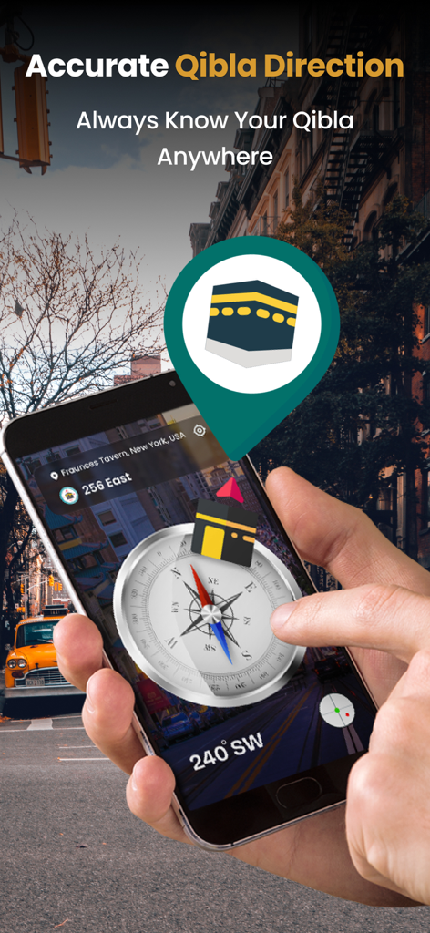 Quran Majeed - Tazkiah - A smartphone screen displaying a Qibla direction compass feature with the Kaaba icon in an urban setting