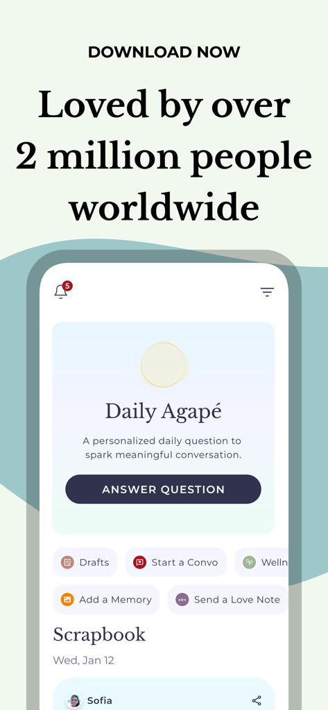 La aplicación Agape muestra una indicación de pregunta relacional diaria y prueba social de 2 millones de usuarios en todo el mundo.