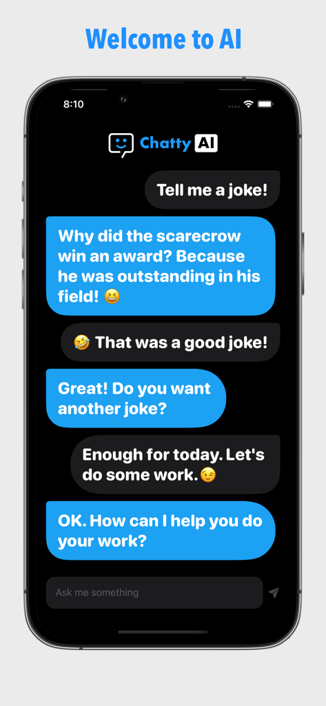 AI Chat! | ChattyAI - Interfaz de la aplicación ChattyAI que muestra una conversación con un asistente de IA en la pantalla de un iPhone