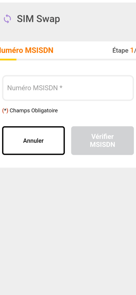Interfaz de cambio de SIM para introducir un número de teléfono en la aplicación Kaabu Orange SENEGAL.