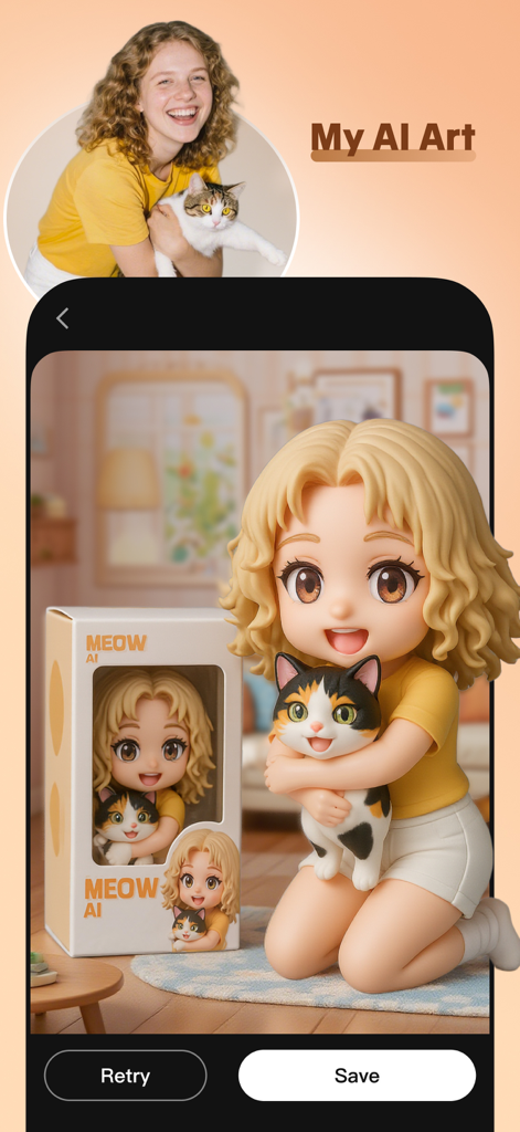 A woman and her cat transformed into a 3D cartoon avatar using Meow AI