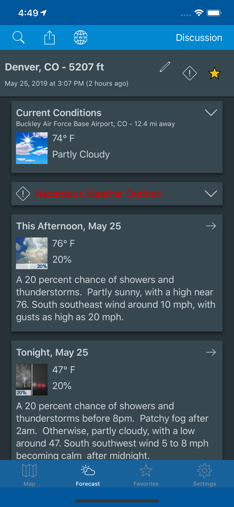 NOAA Weather & Tides - Detailed hyperlocal weather forecast for Denver Colorado showing current conditions and hazardous weather outlook
