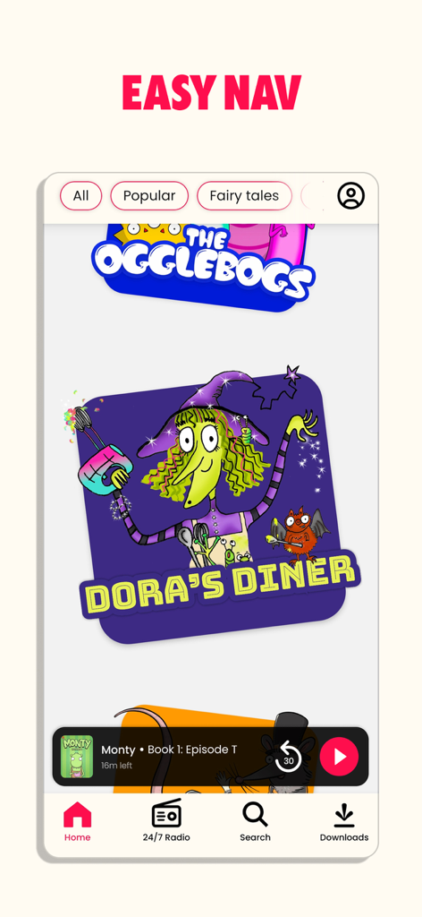 Sooper Books: Kids Audiobooks - Oberfläche der Sooper Books App, die eine einfache Navigation durch Kinderhörbücher mit Kategorien und einer Play-Leiste zeigt.