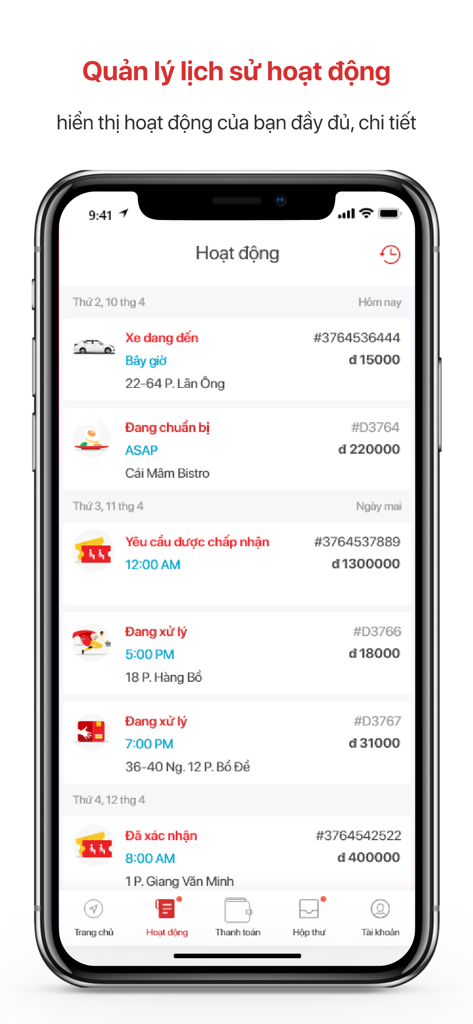 Godi - Godi app interface showing activity history for ride-hailing and delivery services in Vietnamese