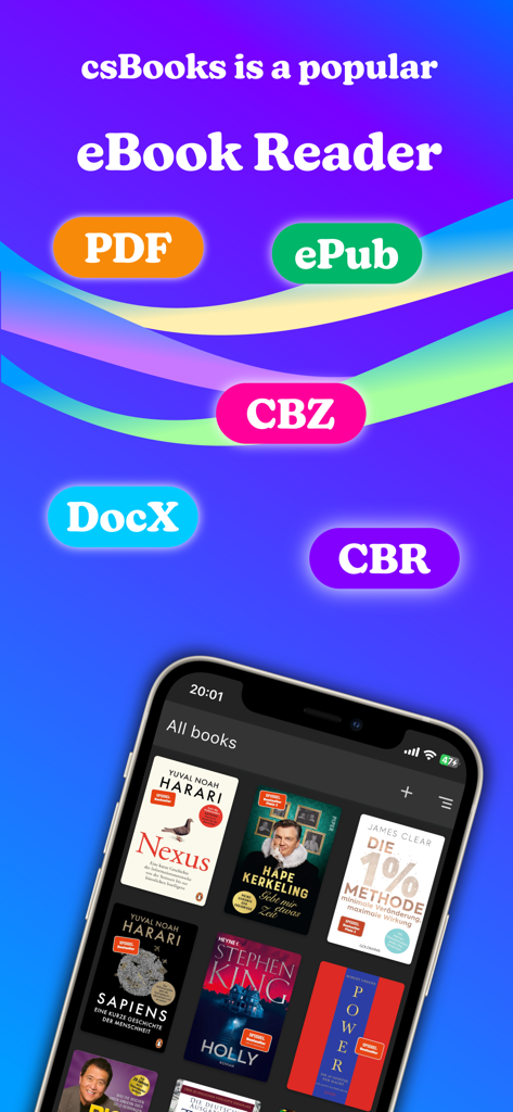 csBooks - ePub and PDF reader - csBooks app interface showing a digital library with book covers and supported formats like PDF and ePub